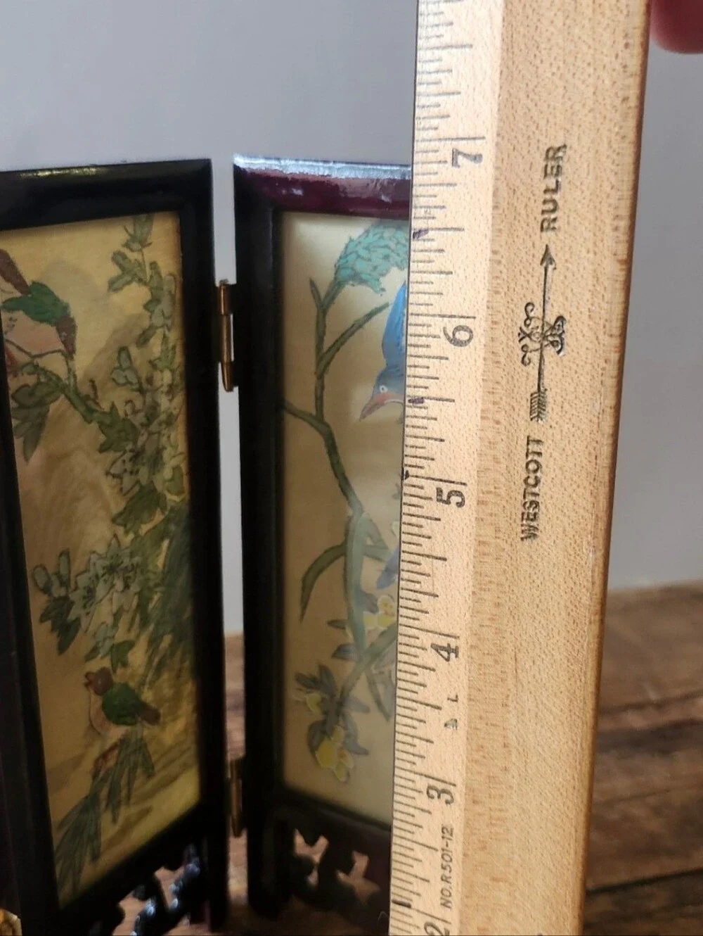 Decorative Four-Panel Mini Folding Screen - Brown with Floral & Bird Panels